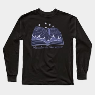 Reader and dreamer dark blue book design with mountains and night sky panorama Long Sleeve T-Shirt